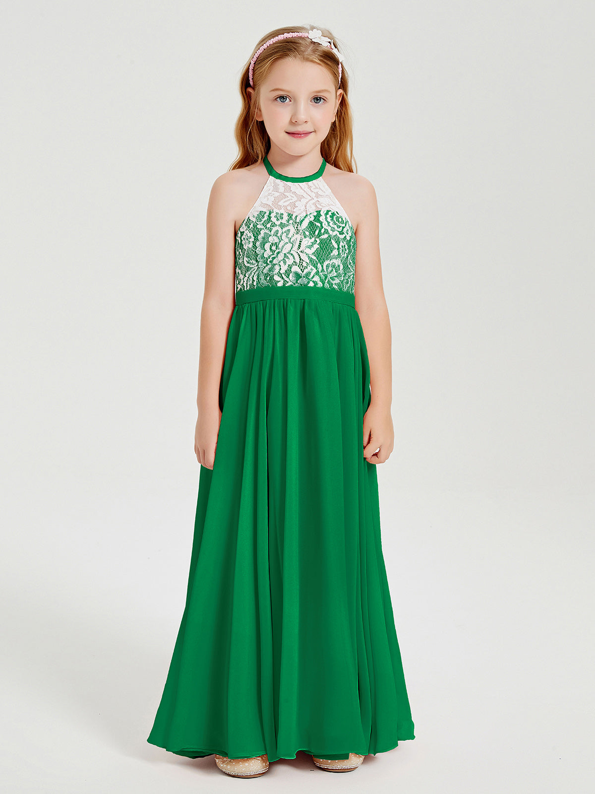 Lace Top Long Chiffon Bridesmaid Dresses Emerald